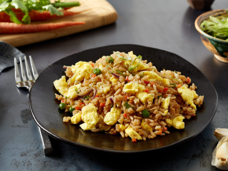 Easy vegan recipe for vegan fried rice with JUST Egg by Chef Kaimana Chee. For more vegan recipes, visit www.vegansbaby.com